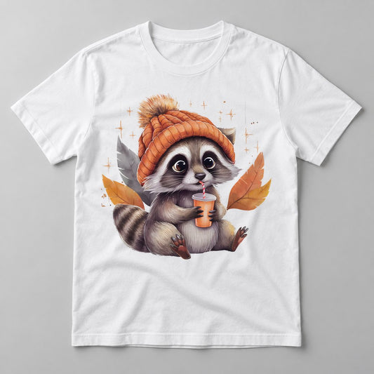 Raccoon Pumpkin Spice pressed on a White tee
