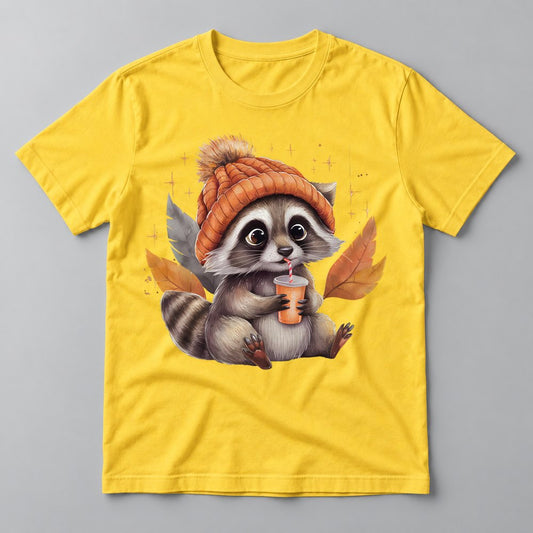 Raccoon Pumpkin Spice tee in Yellow