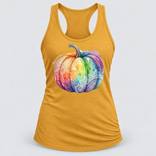 Rainbow Lace Pumpkin racerback tank in Antique Gold