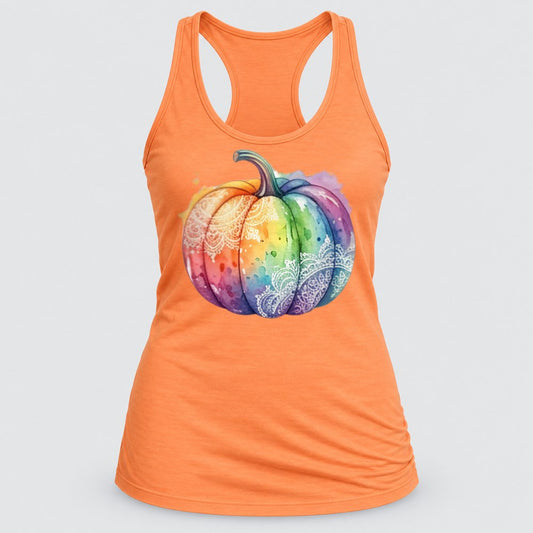 Rainbow Lace Pumpkin racerback tank in Light Orange