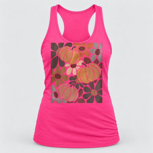 Retro Groovy Pumpkins racerback tank in Hot Pink