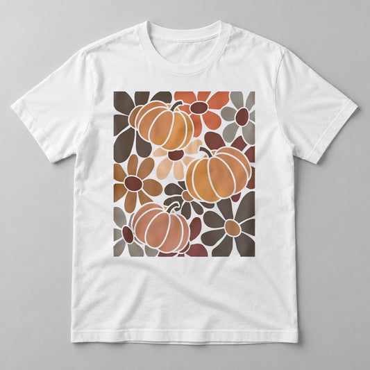Retro Groovy Pumpkins pressed on a White tee