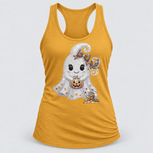 Rhinestone Ghost Girl racerback tank in Antique Gold