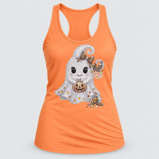 Rhinestone Ghost Girl racerback tank in Light Orange