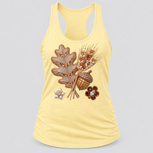 Rhinestone Oak Leaf & Wheat racerback tank in Banana Cream