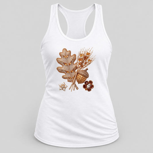 Rhinestone Oak Leaf & Wheat racerback tank in White