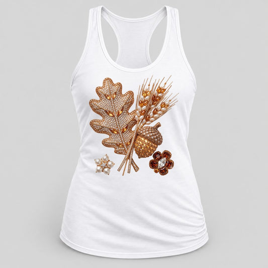 Rhinestone Oak Leaf & Wheat racerback tank in White