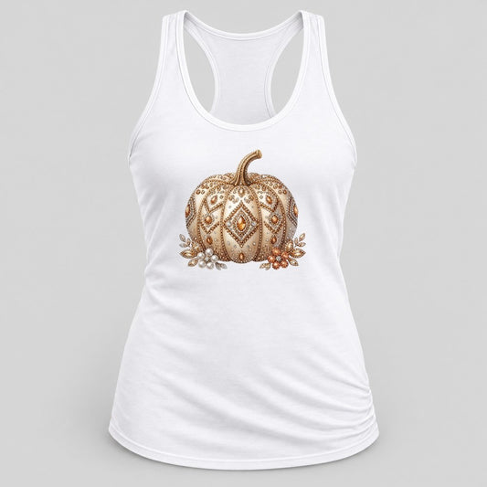 Rhinestone Pearl Pumpkin racerback tank in White
