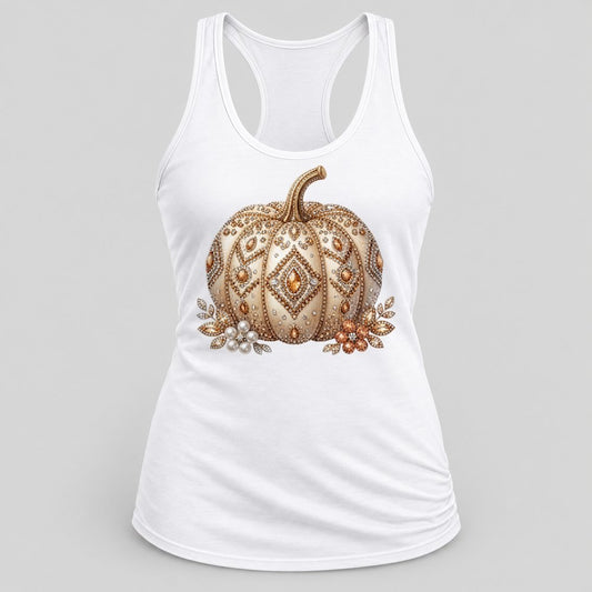 Rhinestone Pearl Pumpkin racerback tank in White