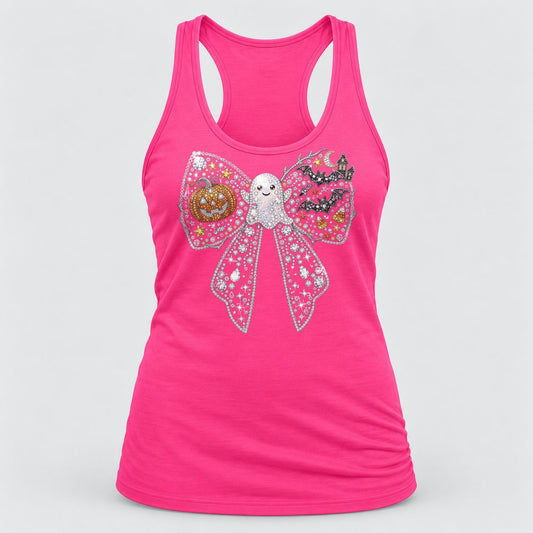 Rhinestone Spooky Bow racerback tank in Hot Pink