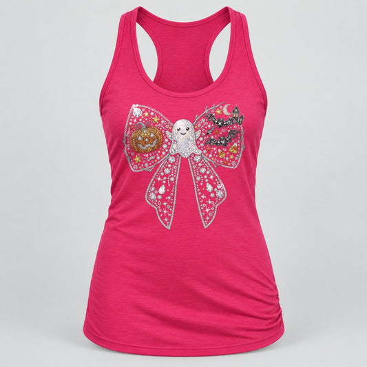 Rhinestone Spooky Bow racerback tank in Raspberry