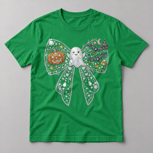 Rhinestone Spooky Bow tee in Kelly Green