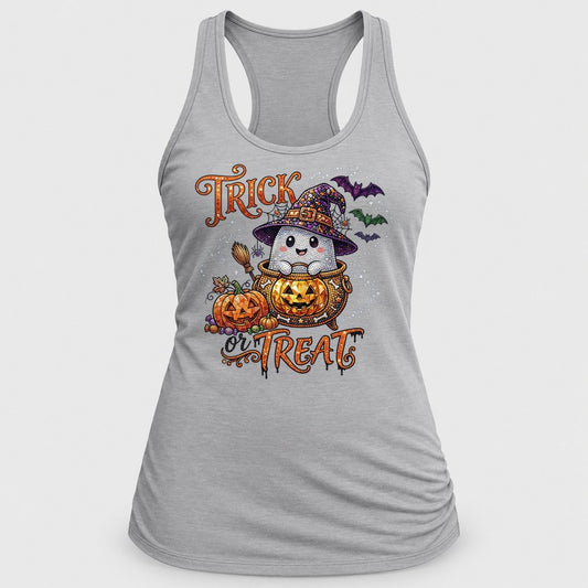 Rhinestone Trick or Treat Ghost racerback tank in Silver