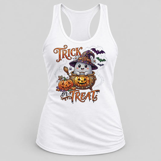 Rhinestone Trick or Treat Ghost racerback tank in White