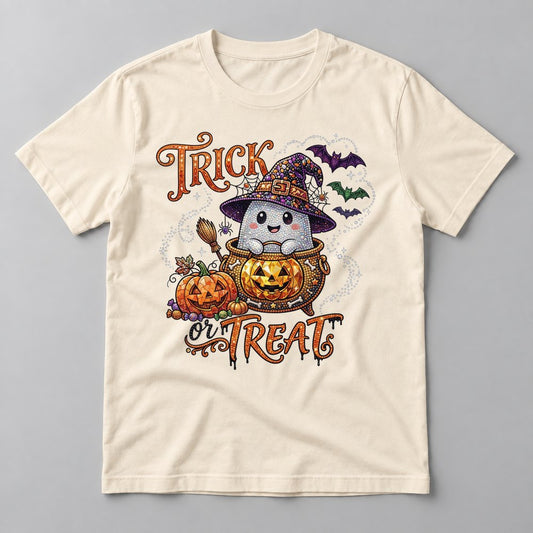 Rhinestone Trick or Treat Ghost tee in Natural