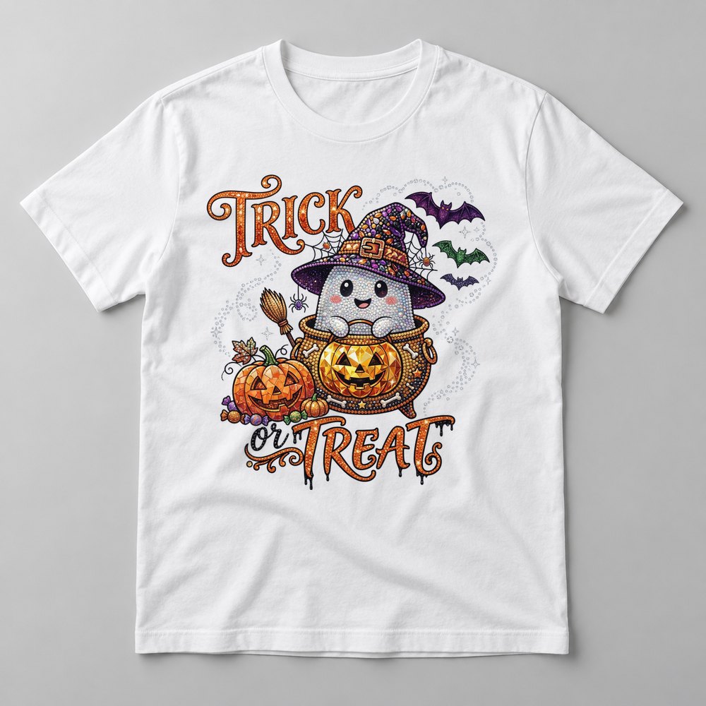 Rhinestone Trick or Treat Ghost tee in White