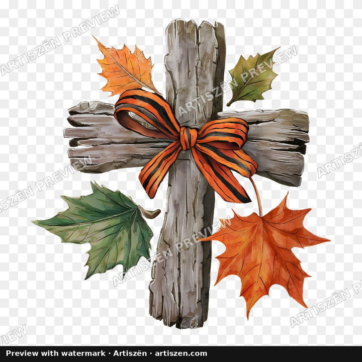 Rustic Cross Autumn Leaves PNG preview