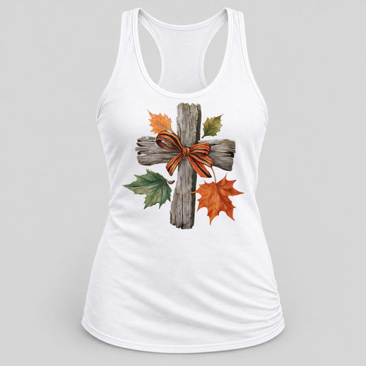 Rustic Cross Autumn Leaves racerback tank in White