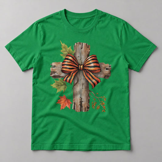 Rustic Cross with Bow tee in Kelly Green