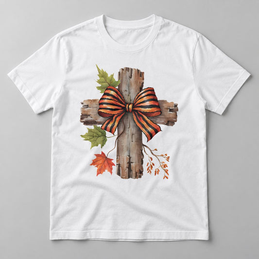 Rustic Cross with Bow pressed on a White tee