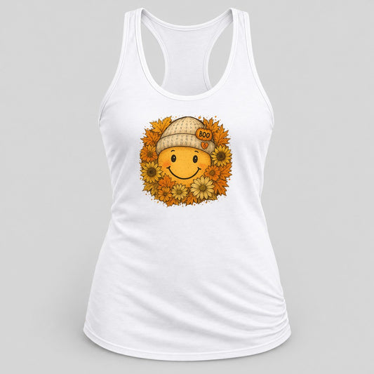 Smiley Sunflower Beanie racerback tank in White