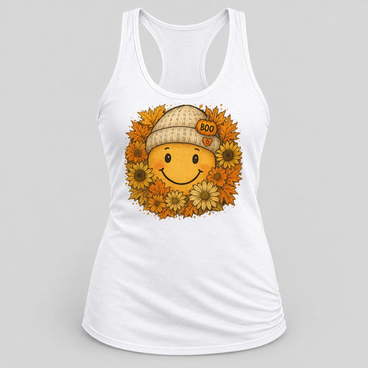 Smiley Sunflower Beanie racerback tank in White