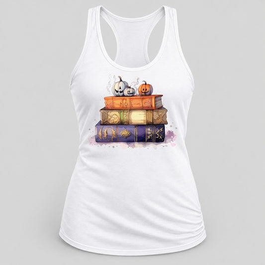 Spooky Books & Pumpkins racerback tank in White