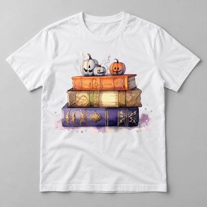 Spooky Books & Pumpkins tee in White