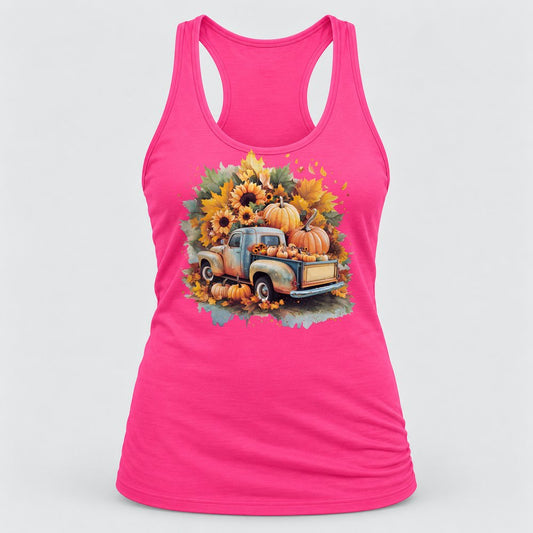 Sunflower Pumpkin Truck racerback tank in Hot Pink