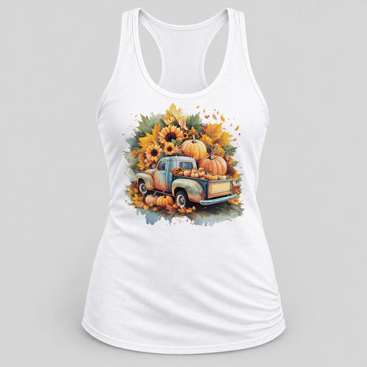 Sunflower Pumpkin Truck racerback tank in White