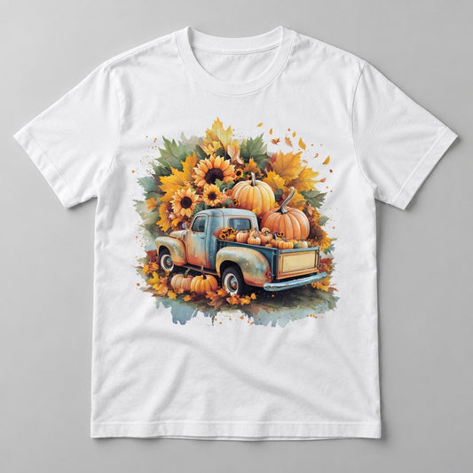Sunflower Pumpkin Truck pressed on a White tee