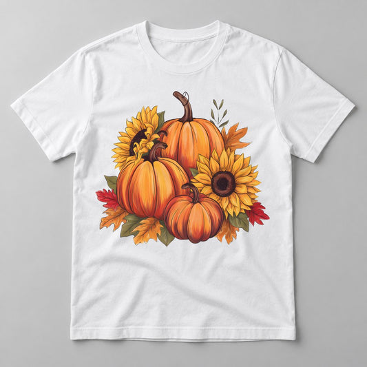 Sunflower Pumpkins pressed on a White tee