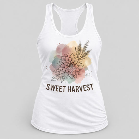 Sweet Harvest Dahlia racerback tank in White