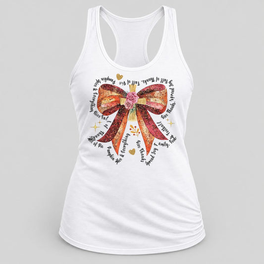Thankful Glitter Bow racerback tank in White