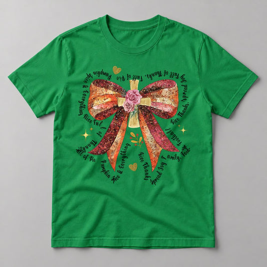 Thankful Glitter Bow tee in Kelly Green