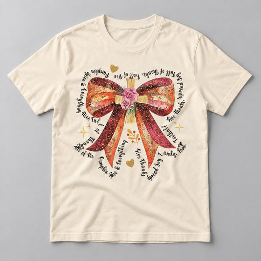 Thankful Glitter Bow tee in Natural