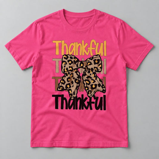 Thankful Leopard Bow Stack tee in Hot Pink