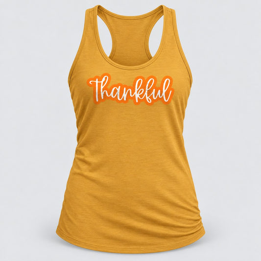 Thankful Script racerback tank in Antique Gold