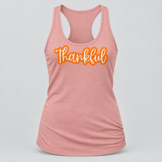 Thankful Script racerback tank in Desert Pink