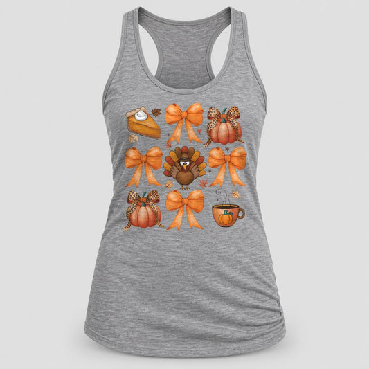 Thanksgiving Bows & Turkey racerback tank in Heather Grey