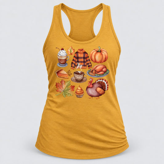 Thanksgiving Favorites racerback tank in Antique Gold