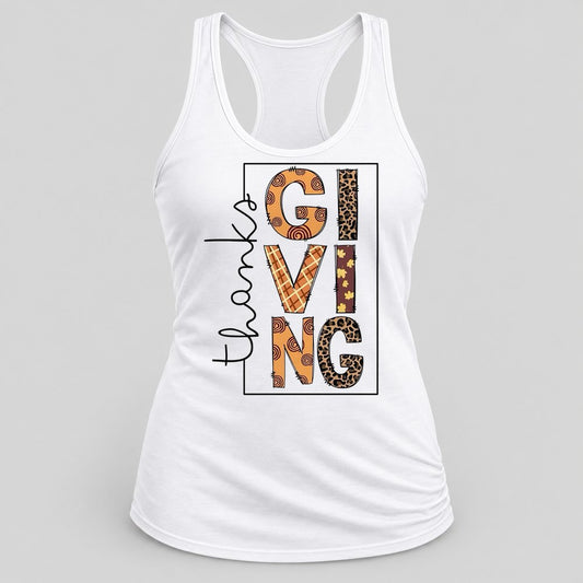 Thanksgiving Patchwork Letters racerback tank in White