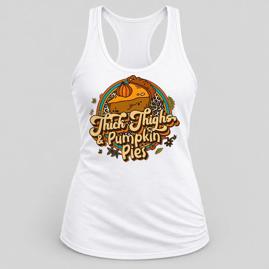 Thick Thighs & Pumpkin Pies racerback tank in White