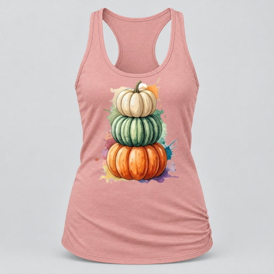 Watercolor Pumpkin Stack racerback tank in Desert Pink