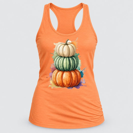 Watercolor Pumpkin Stack racerback tank in Light Orange