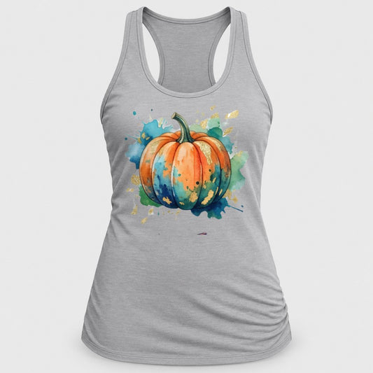 Watercolor Splash Pumpkin racerback tank in Silver
