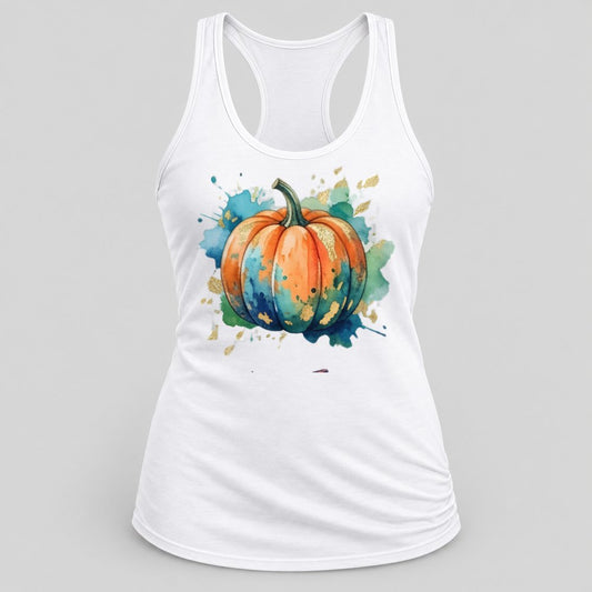 Watercolor Splash Pumpkin racerback tank in White