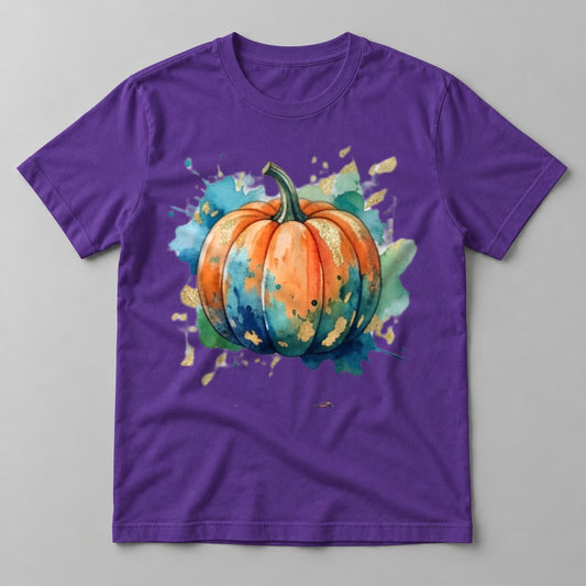 Watercolor Splash Pumpkin tee in Team Purple