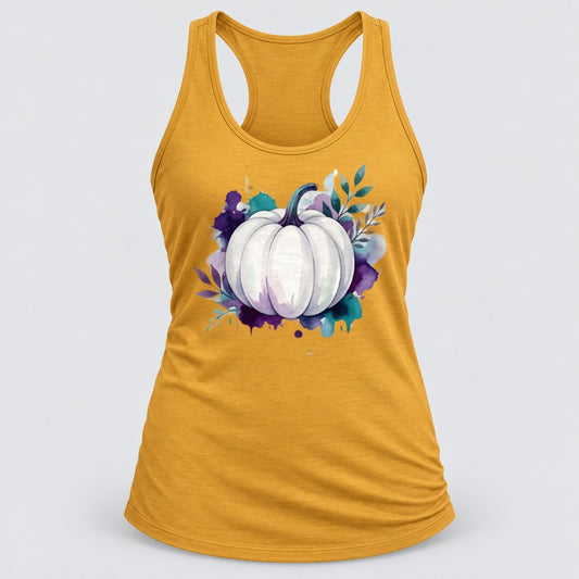White Pumpkin Purple Splash racerback tank in Antique Gold