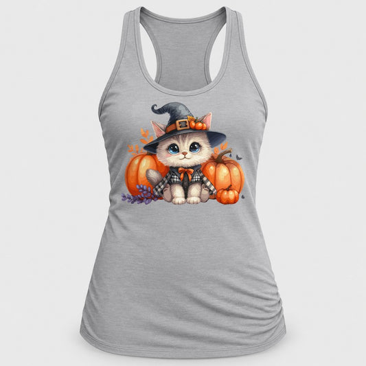 Witch Kitty Pumpkins racerback tank in Silver